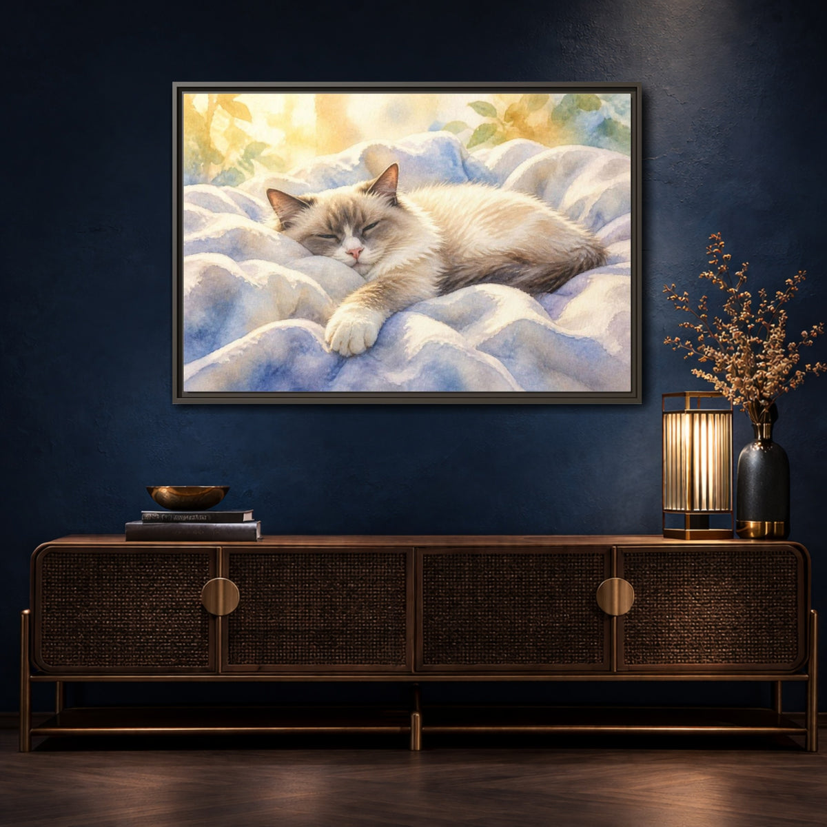 Mockup 4. Ragdoll Cat Pets Nap shown as framed canvas print