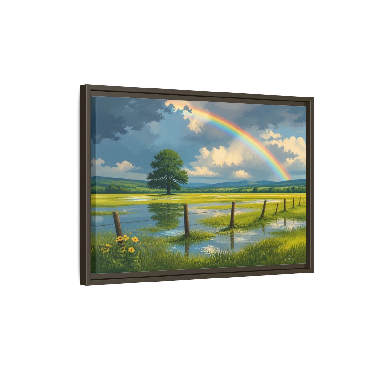 Side Mockup 2. Rainbow Landscape With Tree shown as framed canvas print