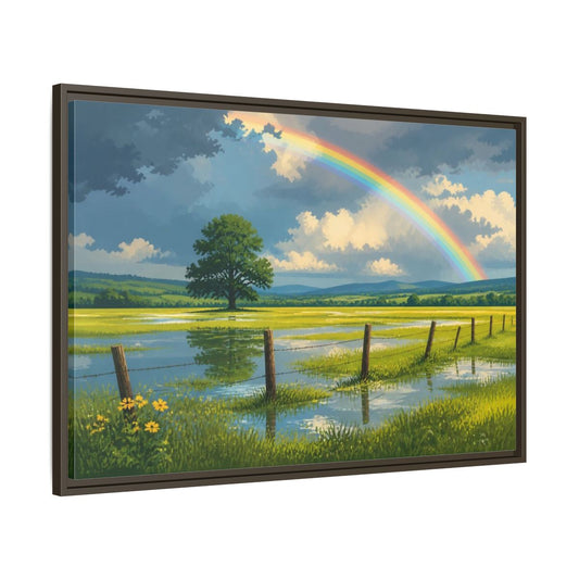 Main Mockup. Rainbow Landscape With Tree shown as framed canvas print