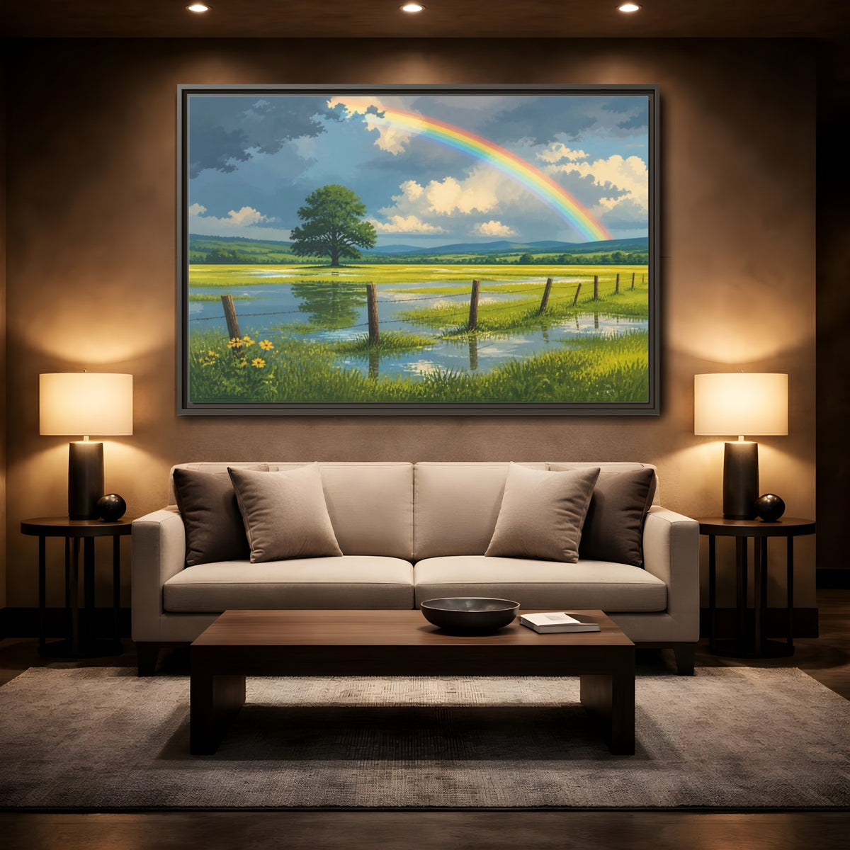 Mockup 2. Rainbow Landscape With Tree shown as framed canvas print