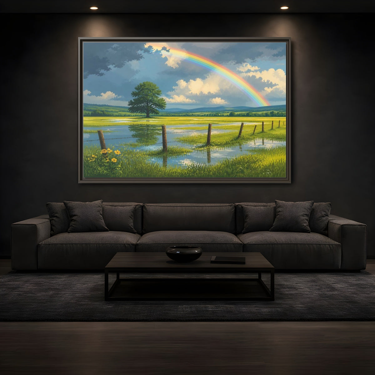Mockup 3. Rainbow Landscape With Tree shown as framed canvas print