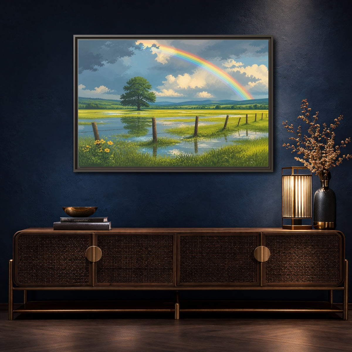 Mockup 4. Rainbow Landscape With Tree shown as framed canvas print