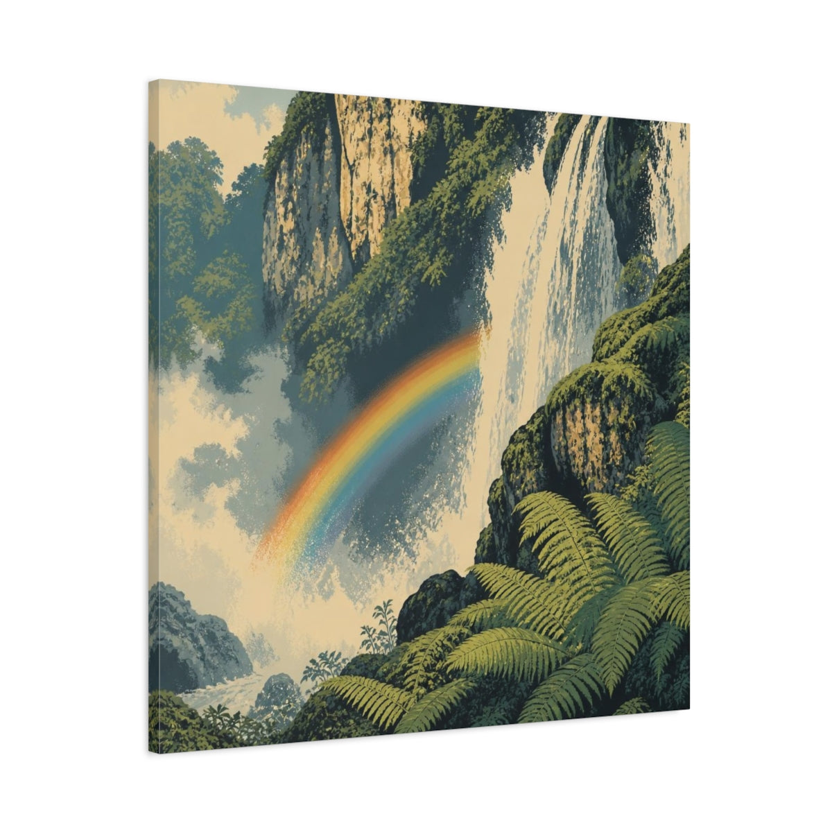 Main Mockup. Rainbow Over Waterfall shown as canvas print