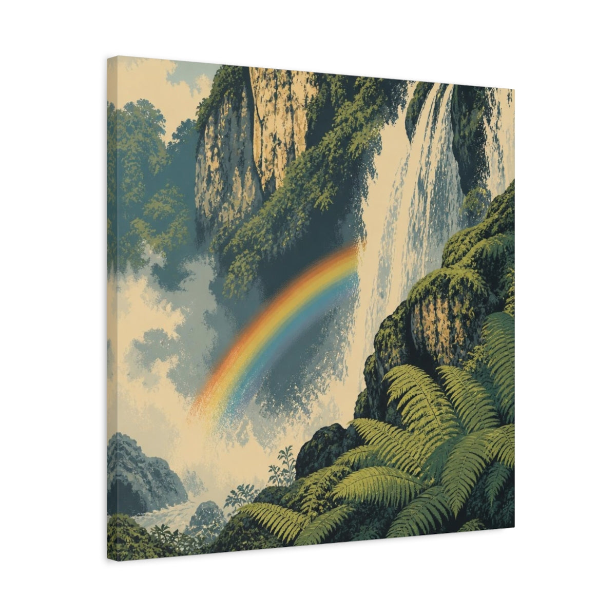 Side Mockup 4. Rainbow Over Waterfall shown as canvas print