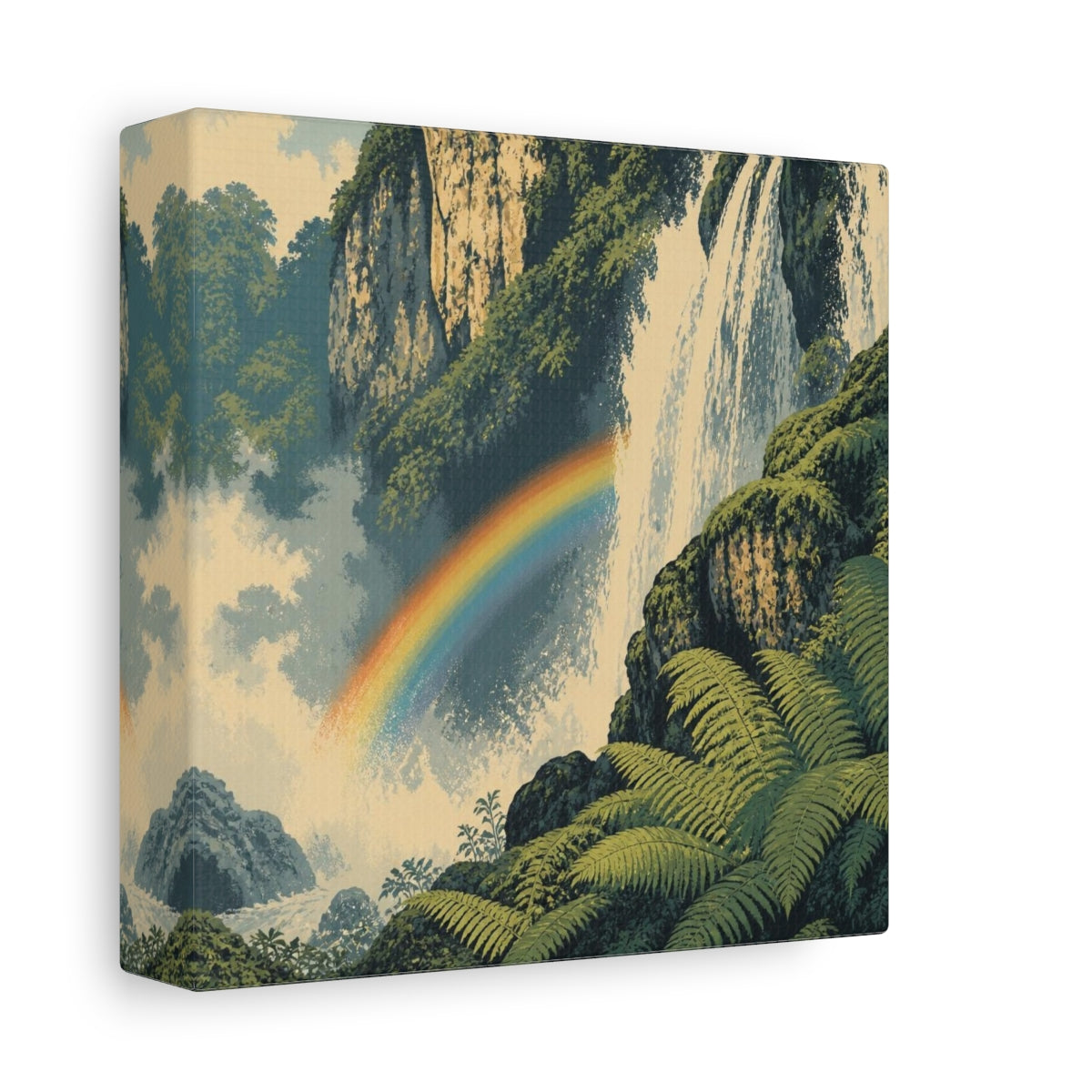 Side Mockup 2. Rainbow Over Waterfall shown as canvas print
