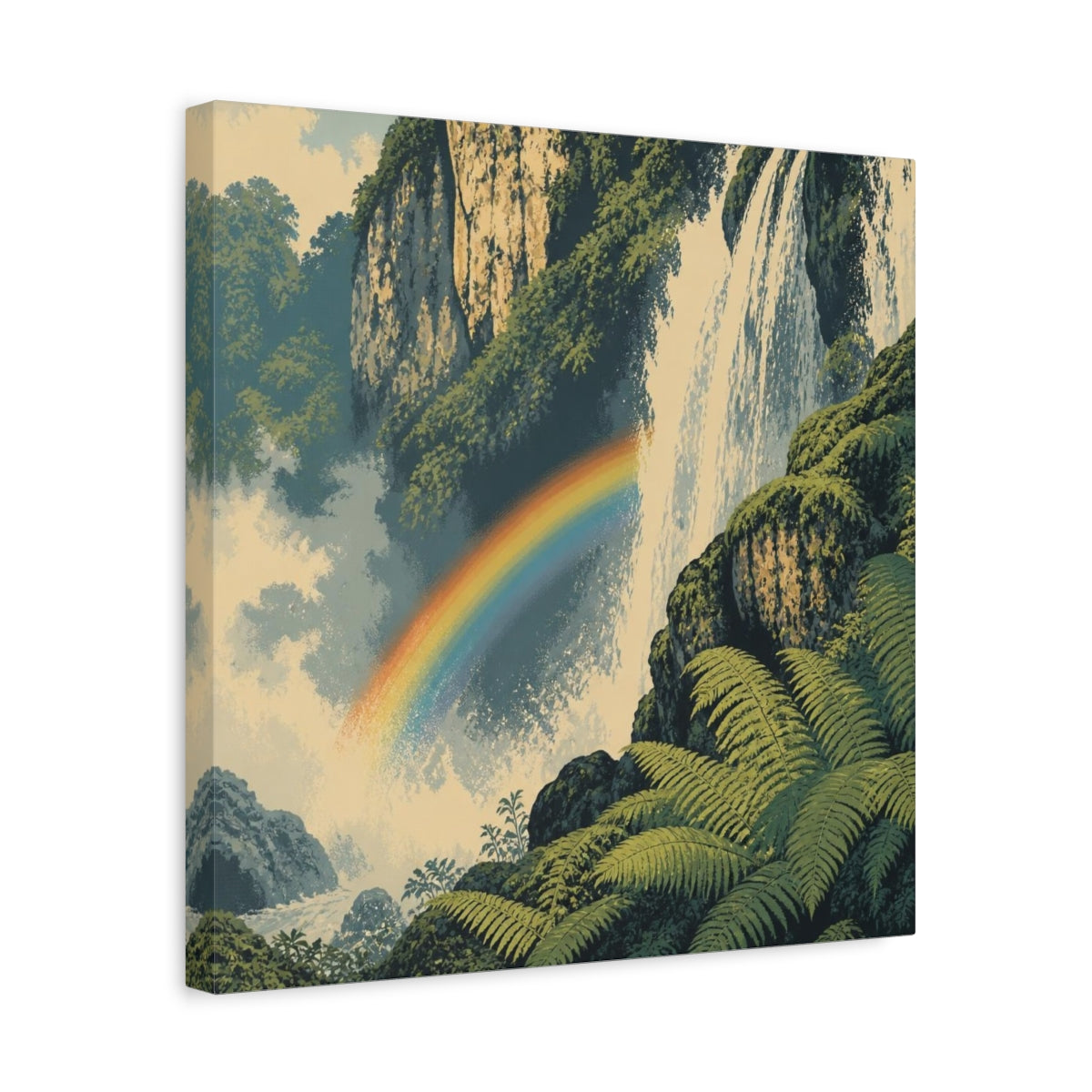 Side Mockup 6. Rainbow Over Waterfall shown as canvas print