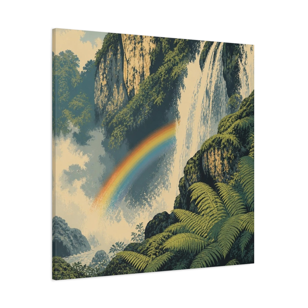 Side Mockup 1. Rainbow Over Waterfall shown as canvas print