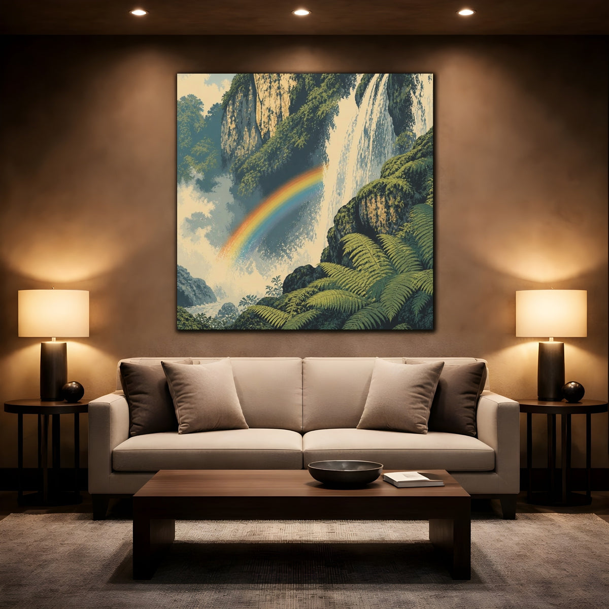 Mockup 2. Rainbow Over Waterfall shown as canvas print