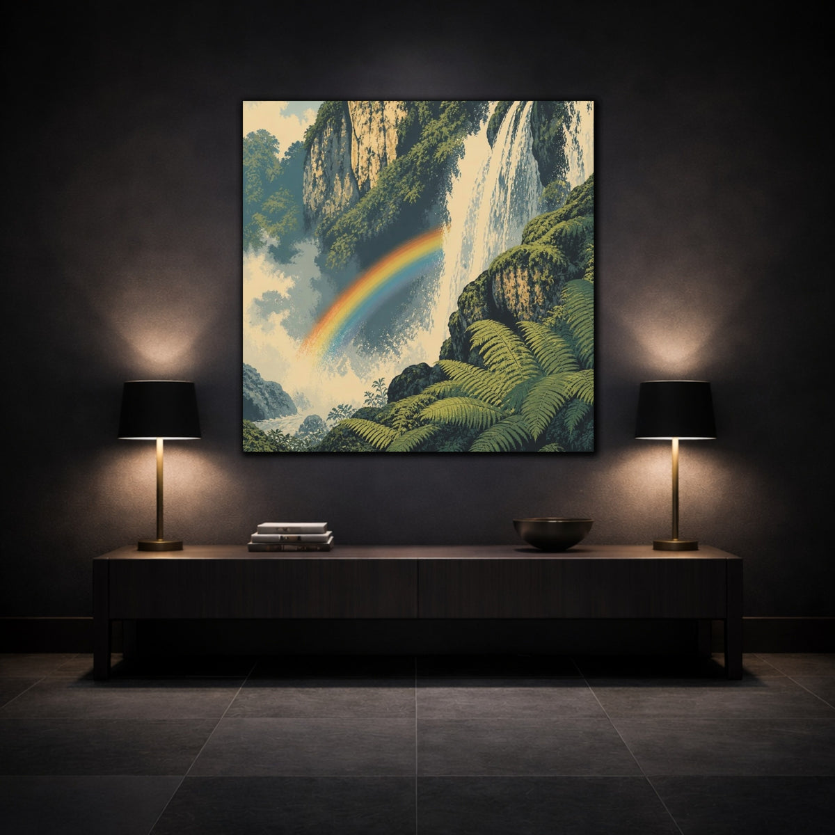 Mockup 3. Rainbow Over Waterfall shown as canvas print