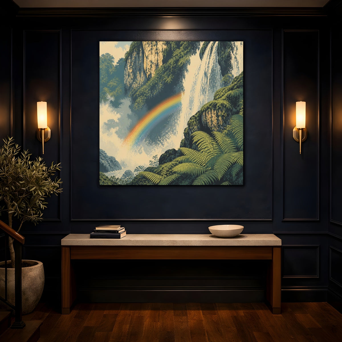Mockup 4. Rainbow Over Waterfall shown as canvas print