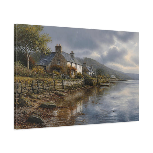 Main Mockup. Rainy Coastal Cottage Landscape shown as canvas print