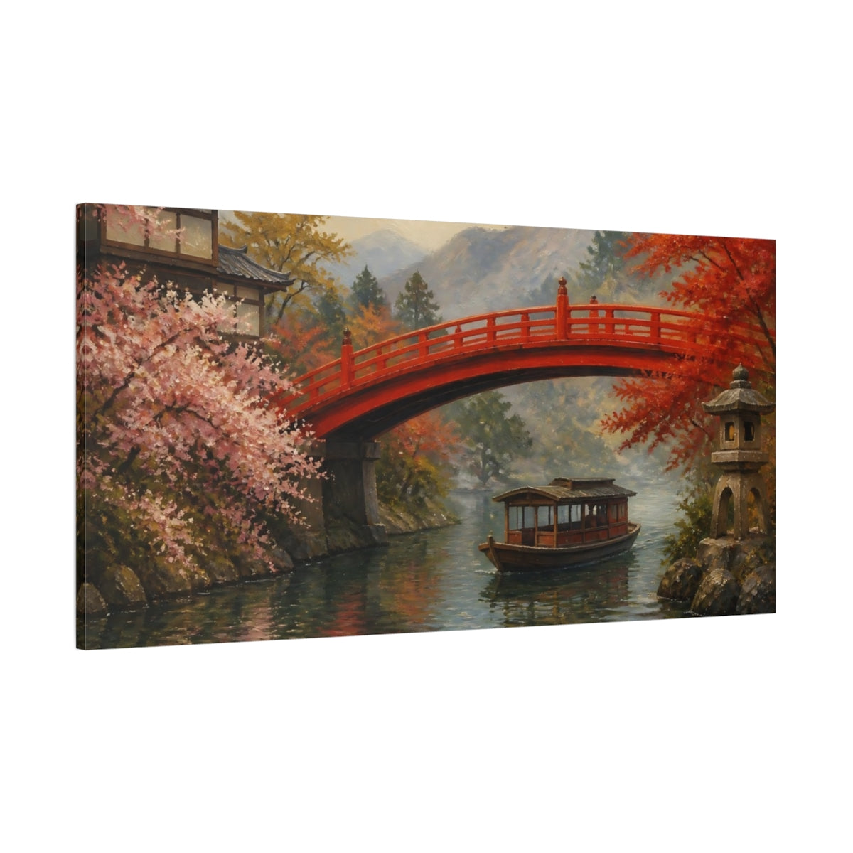 Side Mockup 2. Red Arched Bridge And Boat shown as canvas print