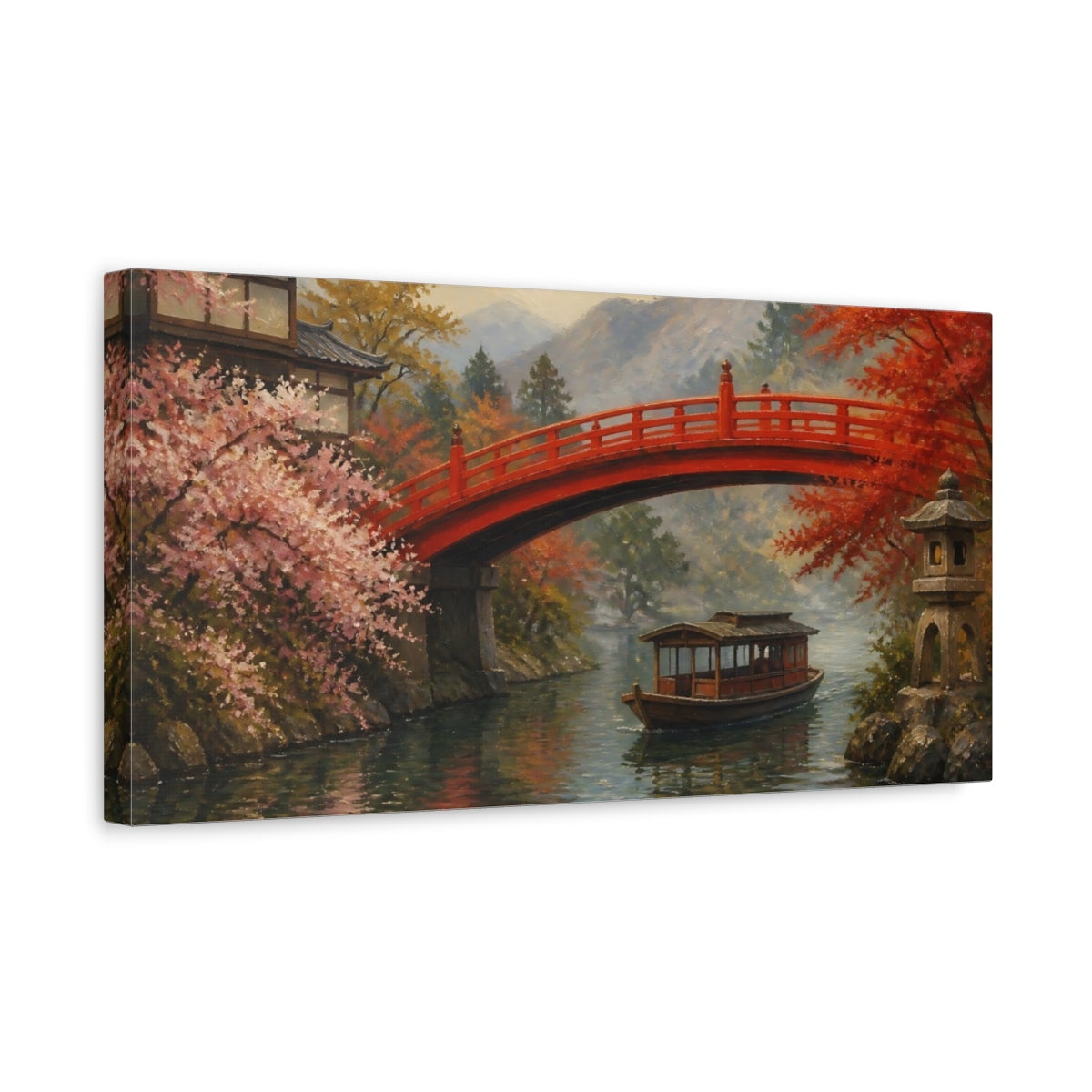 Side Mockup 3. Red Arched Bridge And Boat shown as canvas print