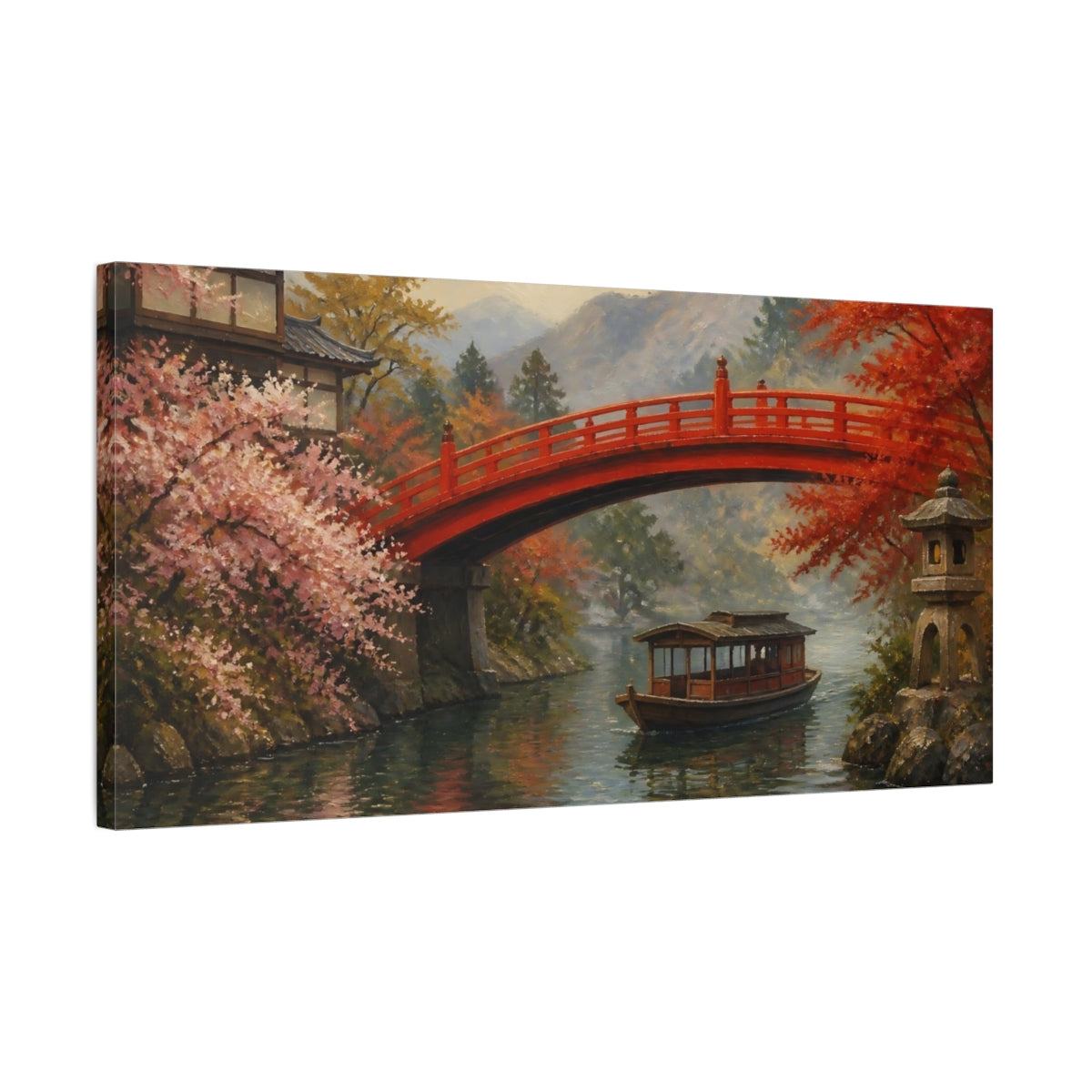 Side Mockup 1. Red Arched Bridge And Boat shown as canvas print