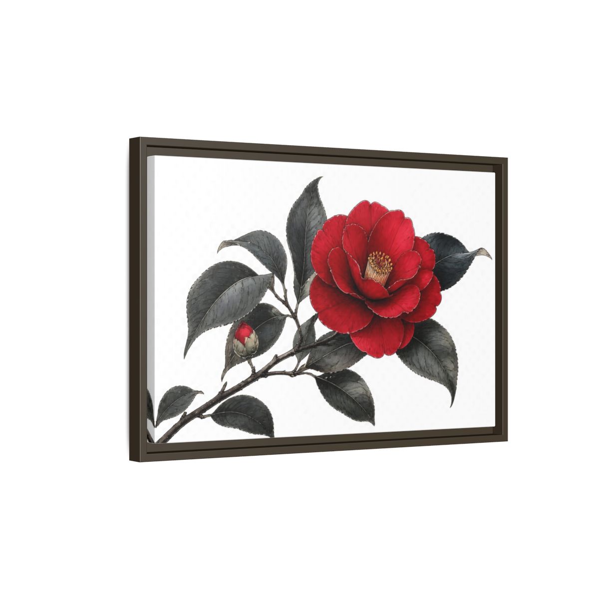 Side Mockup 2. Red Camellia Bloom shown as framed canvas print