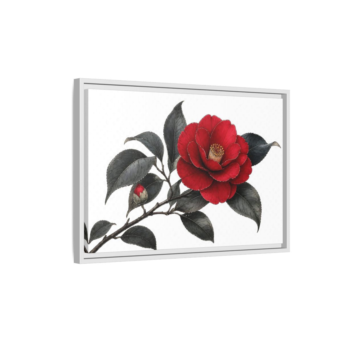 Side Mockup 1. Red Camellia Bloom shown as framed canvas print