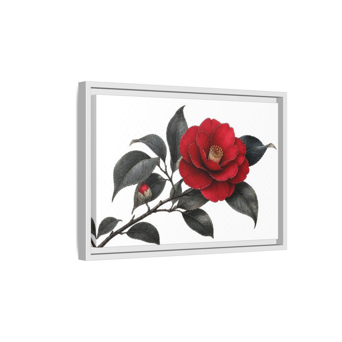Side Mockup 4. Red Camellia Bloom shown as framed canvas print