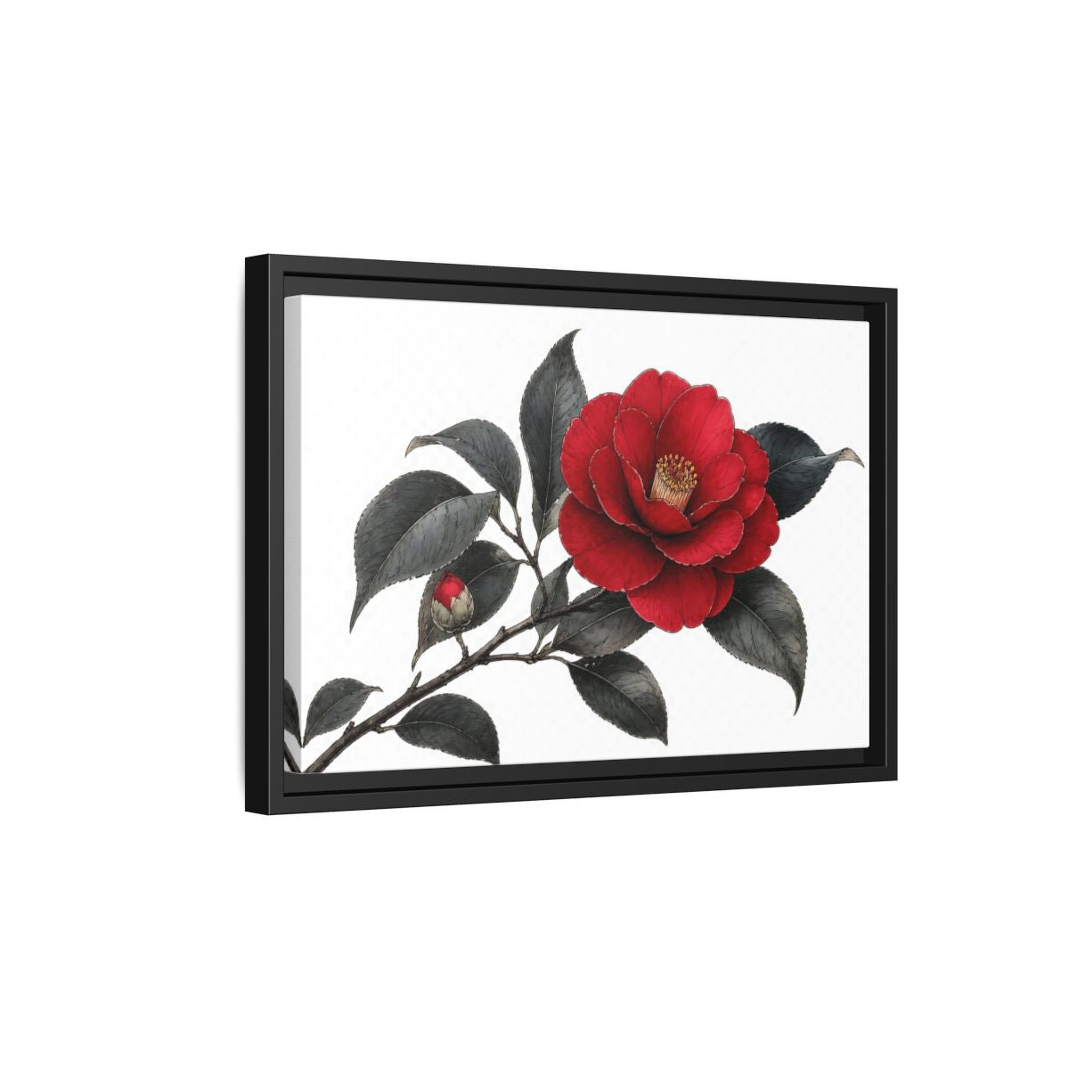 Side Mockup 6. Red Camellia Bloom shown as framed canvas print