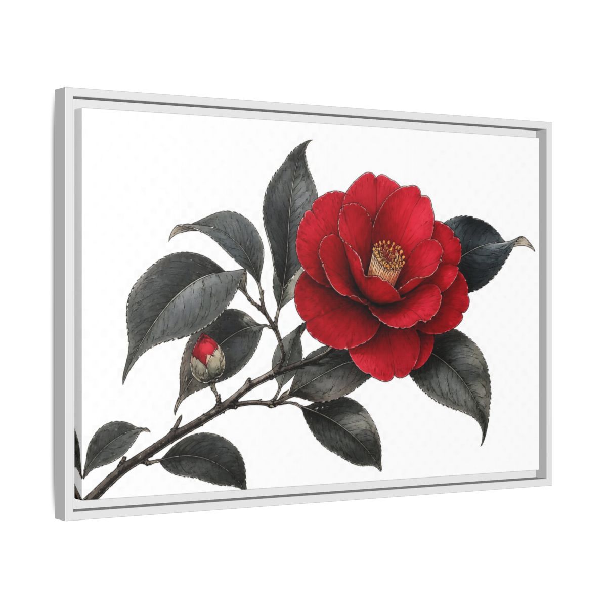 Side Mockup 10. Red Camellia Bloom shown as framed canvas print