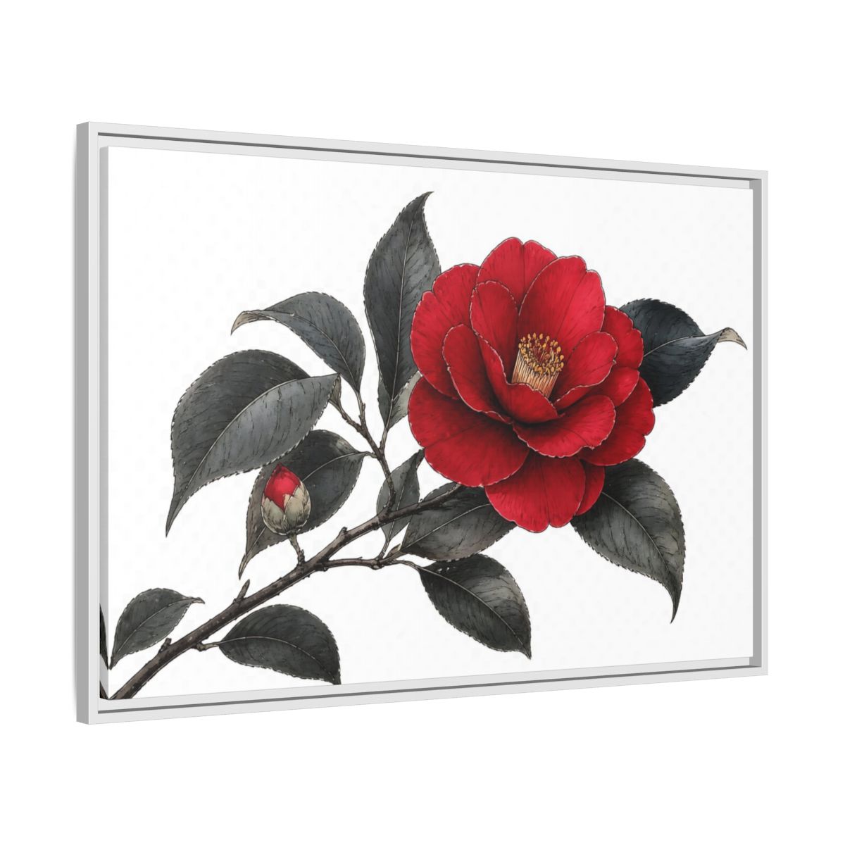 Side Mockup 9. Red Camellia Bloom shown as framed canvas print