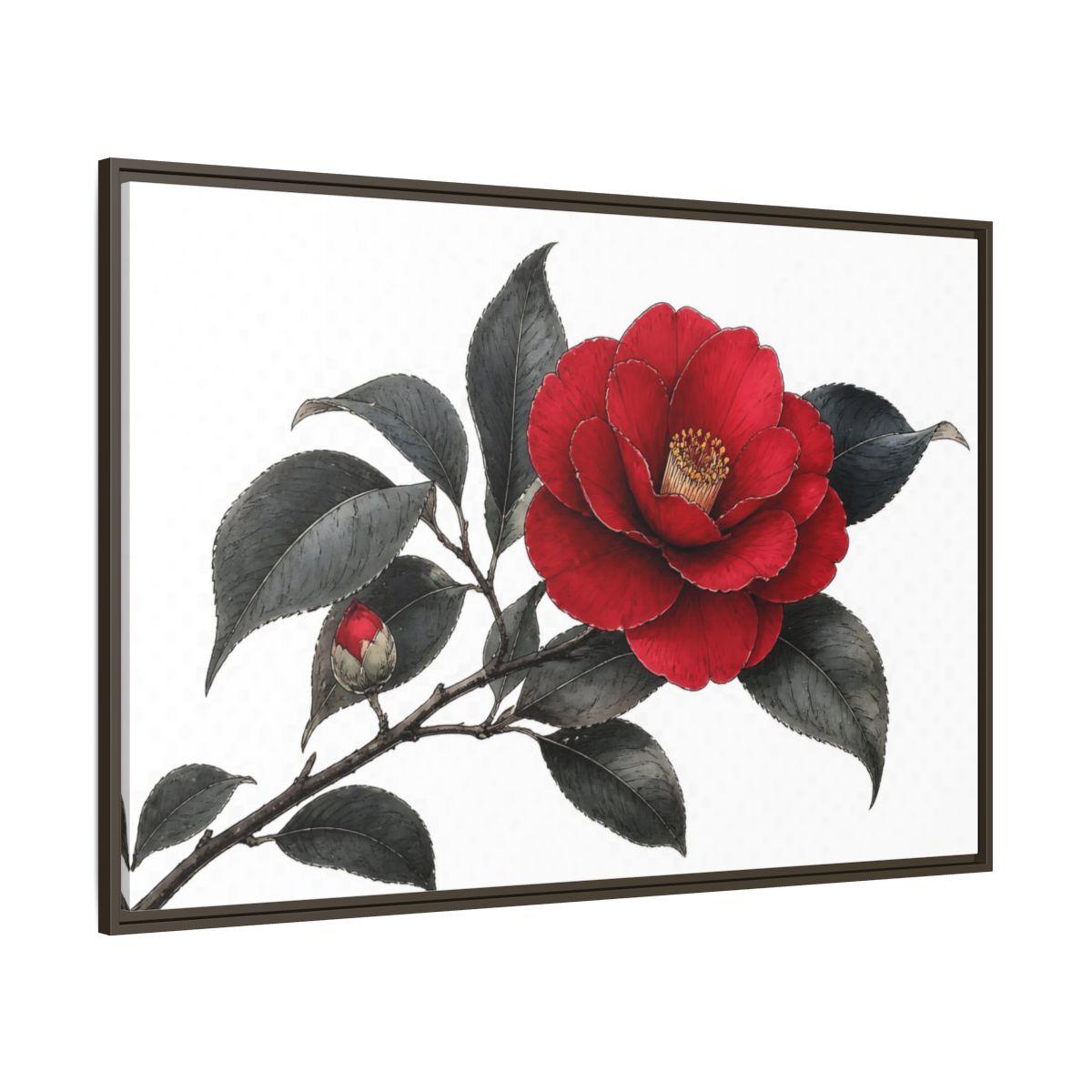 Side Mockup 8. Red Camellia Bloom shown as framed canvas print