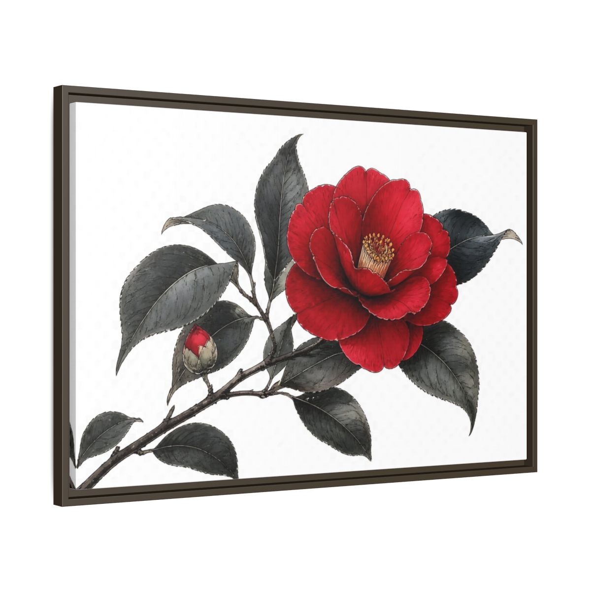 Main Mockup. Red Camellia Bloom shown as framed canvas print