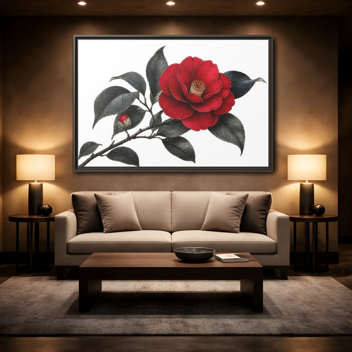 Mockup 2. Red Camellia Bloom shown as framed canvas print