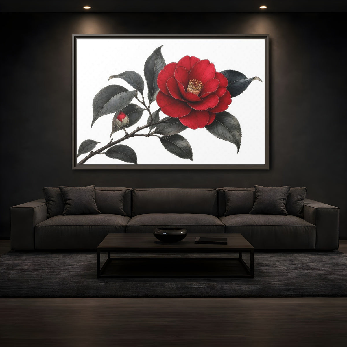 Mockup 3. Red Camellia Bloom shown as framed canvas print