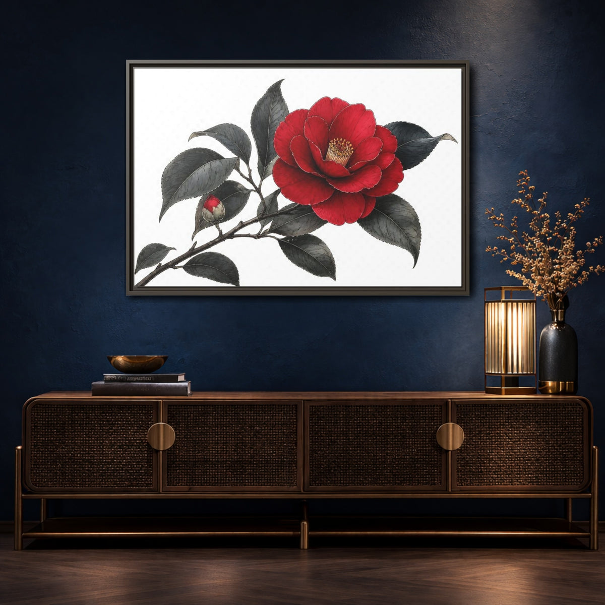 Mockup 4. Red Camellia Bloom shown as framed canvas print