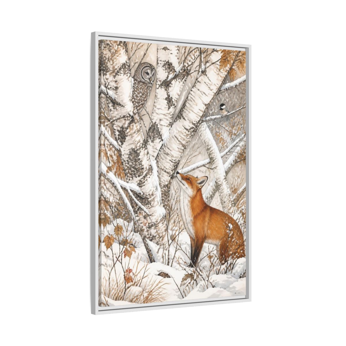 Side Mockup 9. Red Fox Among Birch Trees shown as framed canvas print
