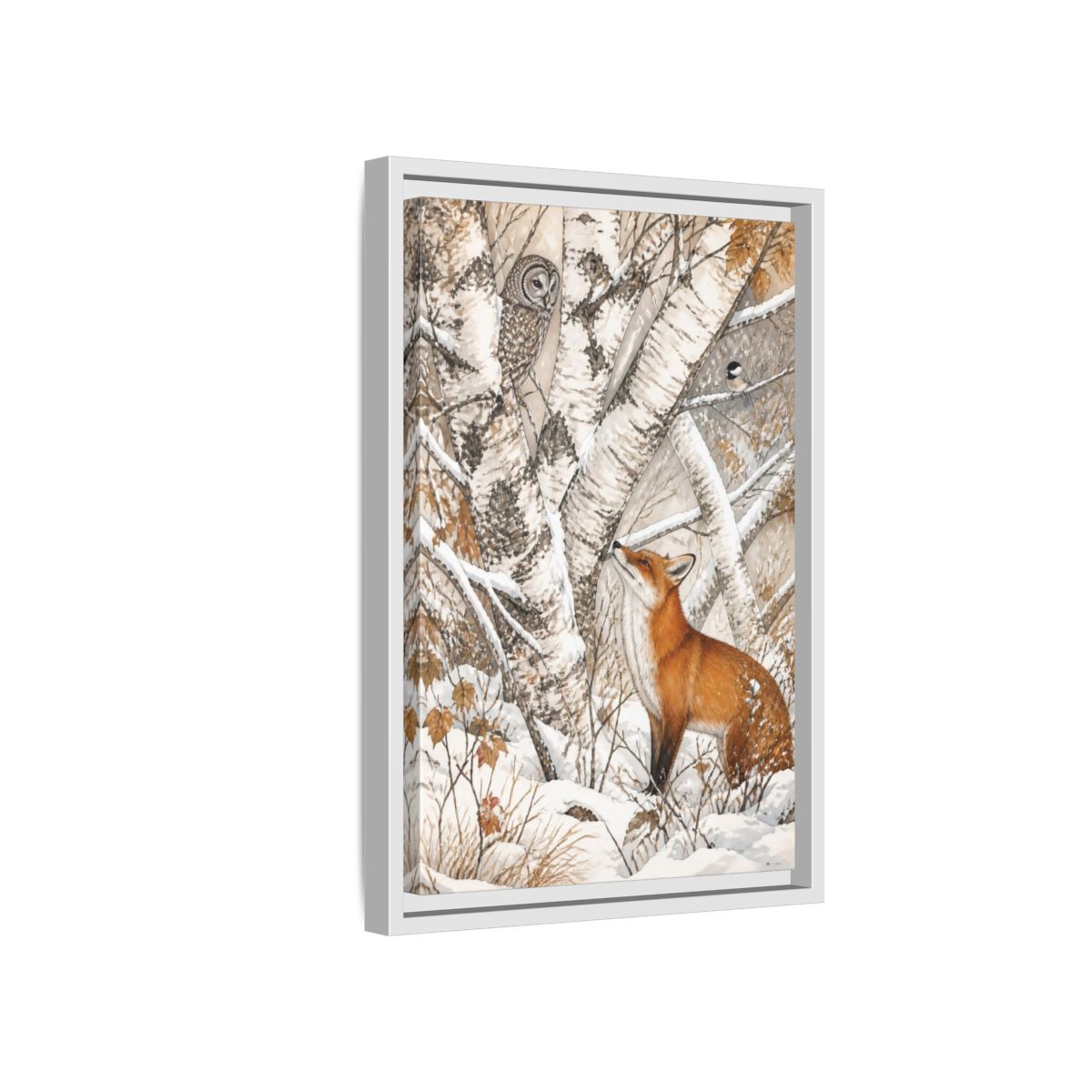 Side Mockup 4. Red Fox Among Birch Trees shown as framed canvas print