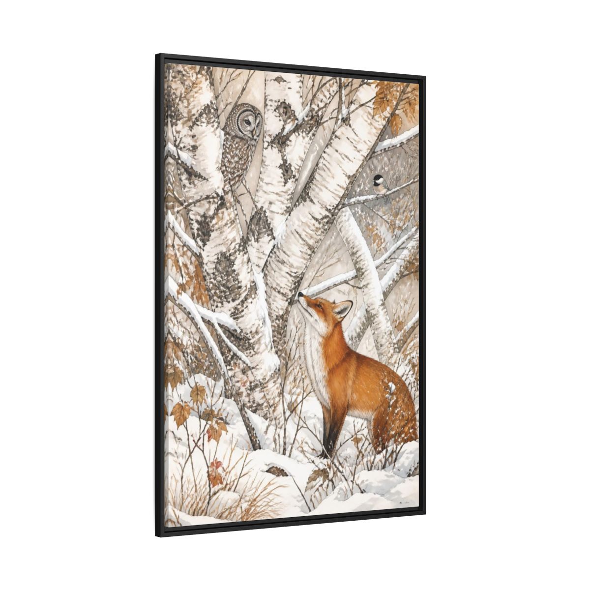 Side Mockup 12. Red Fox Among Birch Trees shown as framed canvas print