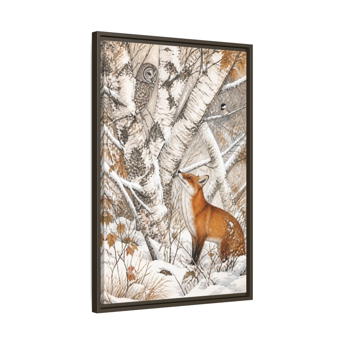 Side Mockup 11. Red Fox Among Birch Trees shown as framed canvas print