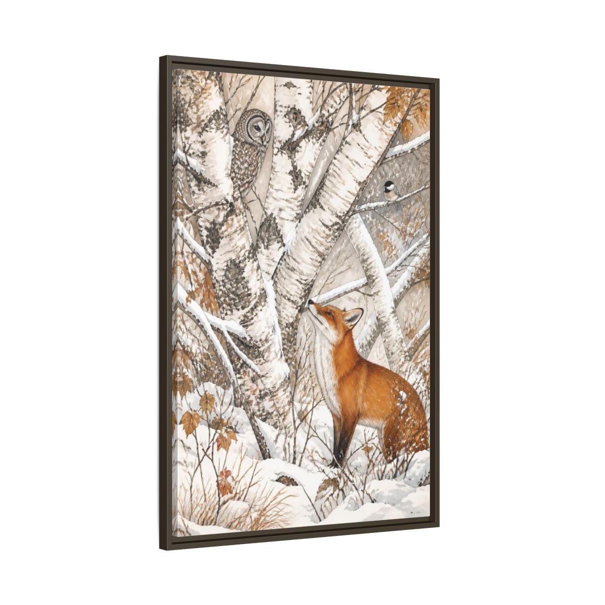 Main Mockup. Red Fox Among Birch Trees shown as framed canvas print