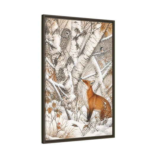 Main Mockup. Red Fox Among Birch Trees shown as framed canvas print