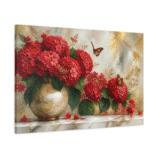 Main Mockup. Red Hydrangea Vase shown as canvas print