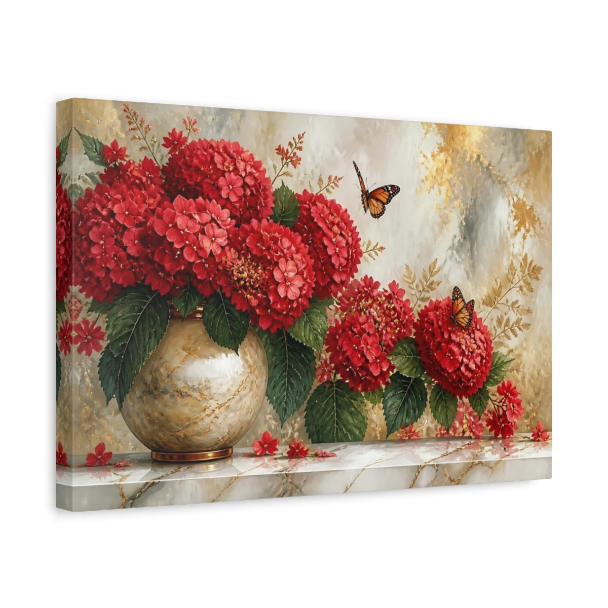 Side Mockup 4. Red Hydrangea Vase shown as canvas print