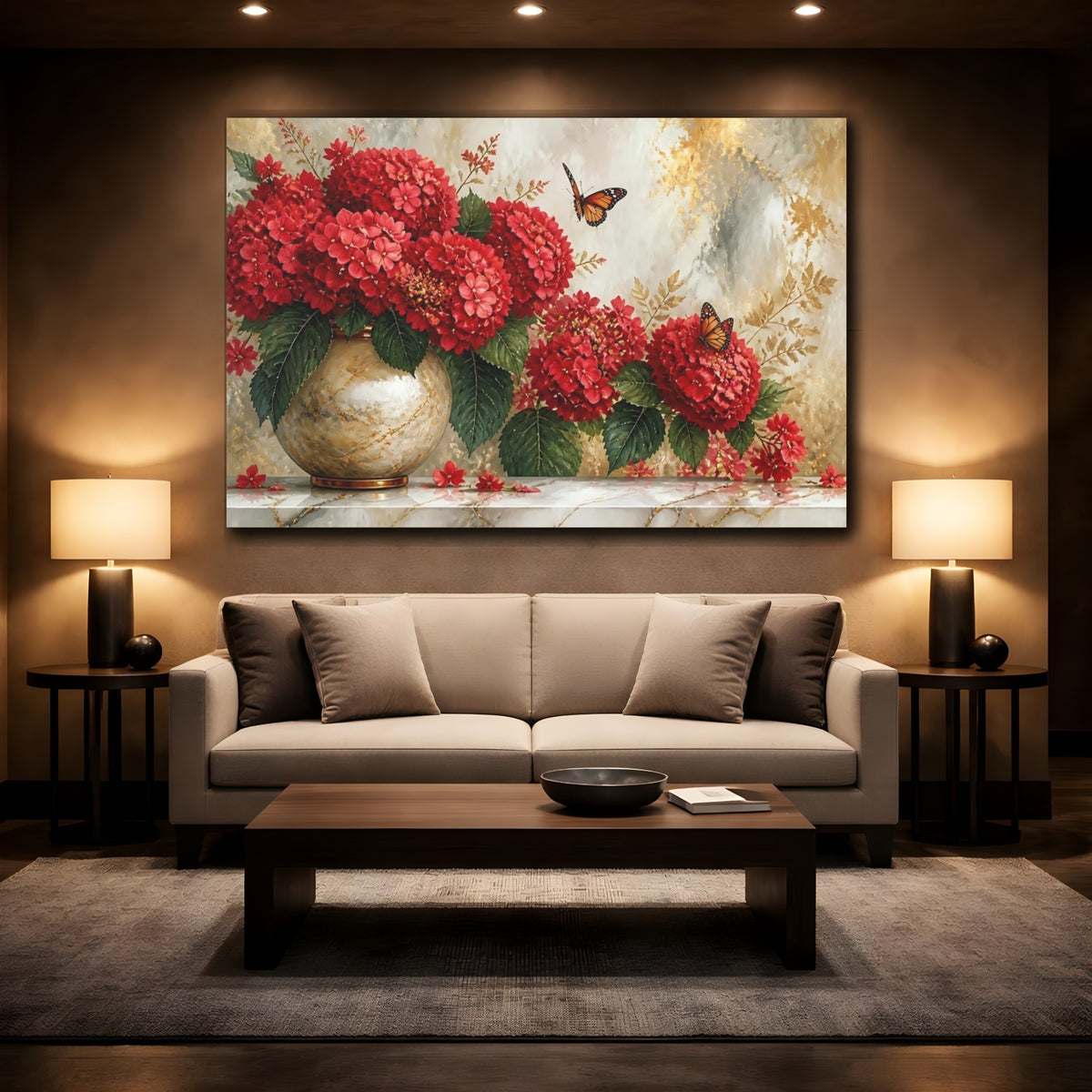 Mockup 2. Red Hydrangea Vase shown as canvas print