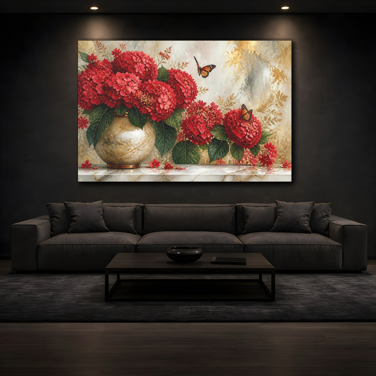 Mockup 3. Red Hydrangea Vase shown as canvas print