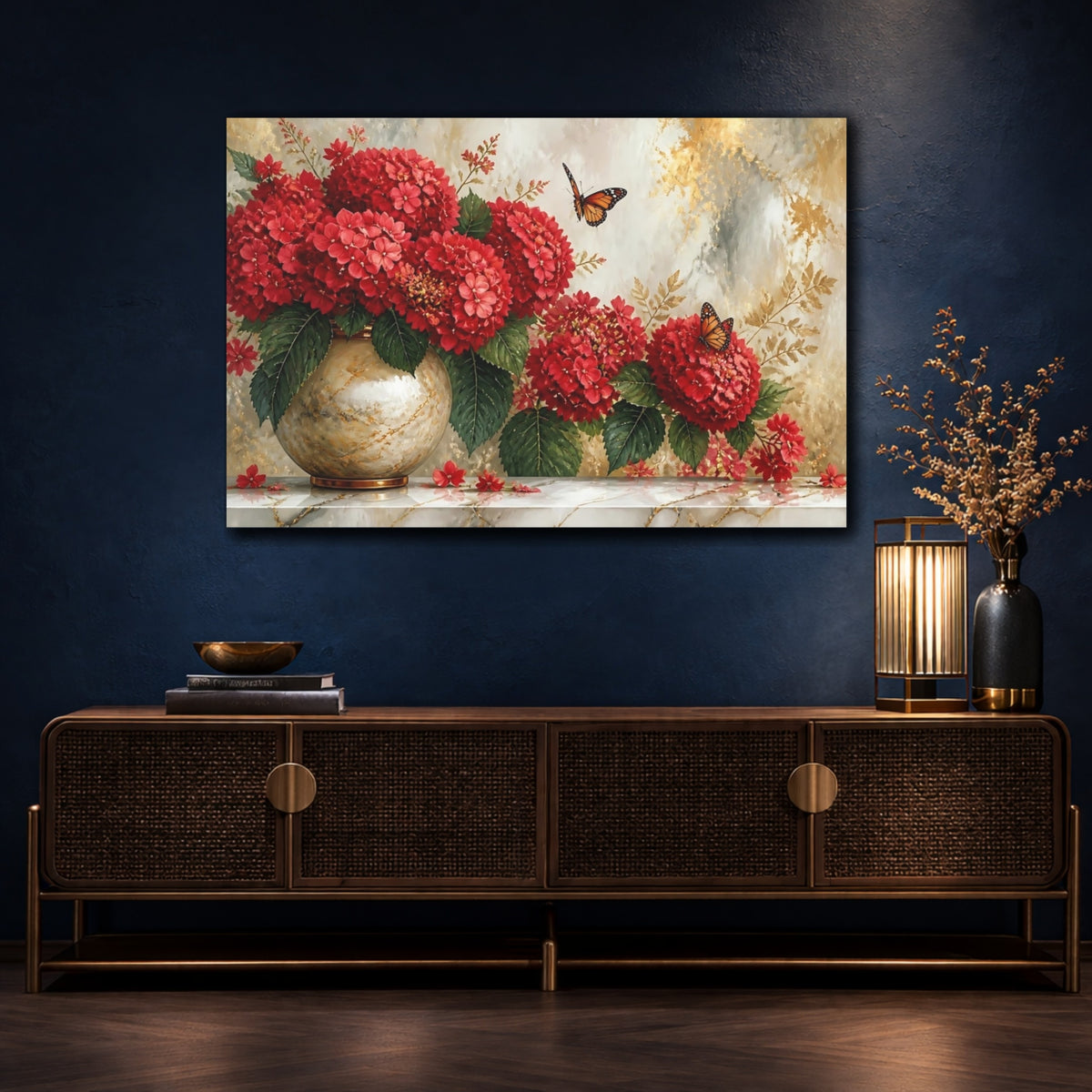 Mockup 4. Red Hydrangea Vase shown as canvas print