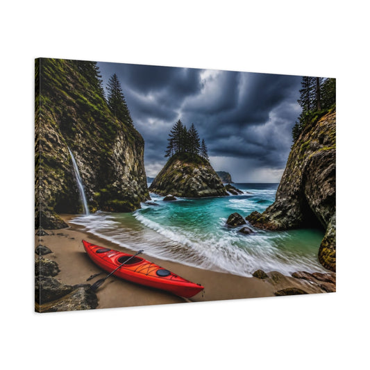 Main Mockup. Red Kayak Coastal Landscape shown as canvas print