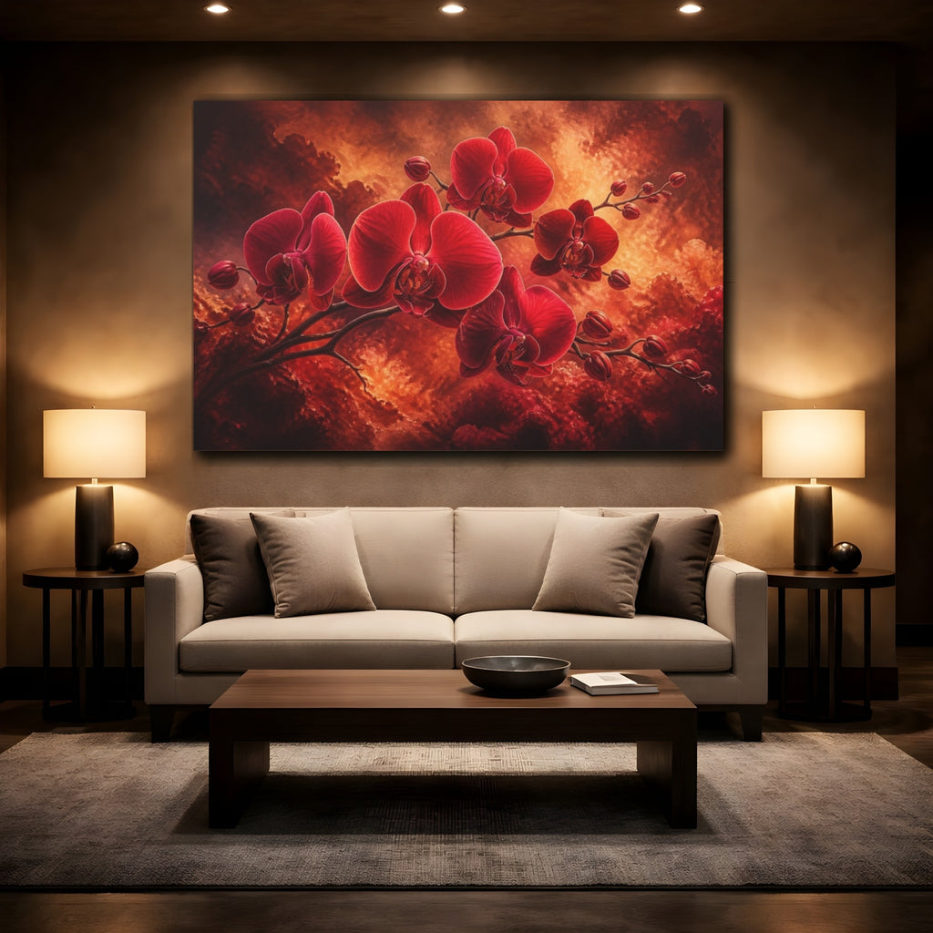 Mockup 2. Red Orchid Flower Drama shown as canvas print