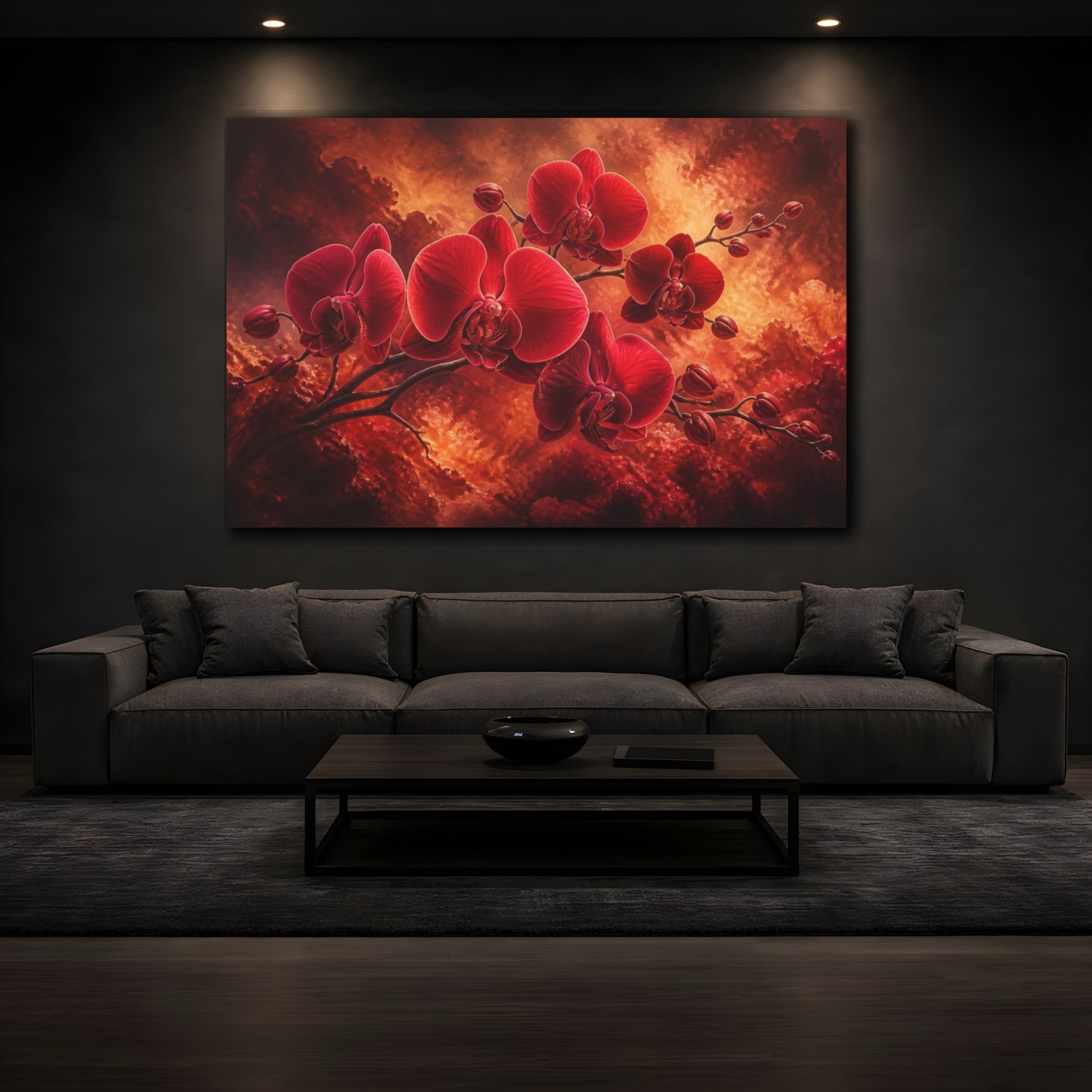 Mockup 3. Red Orchid Flower Drama shown as canvas print