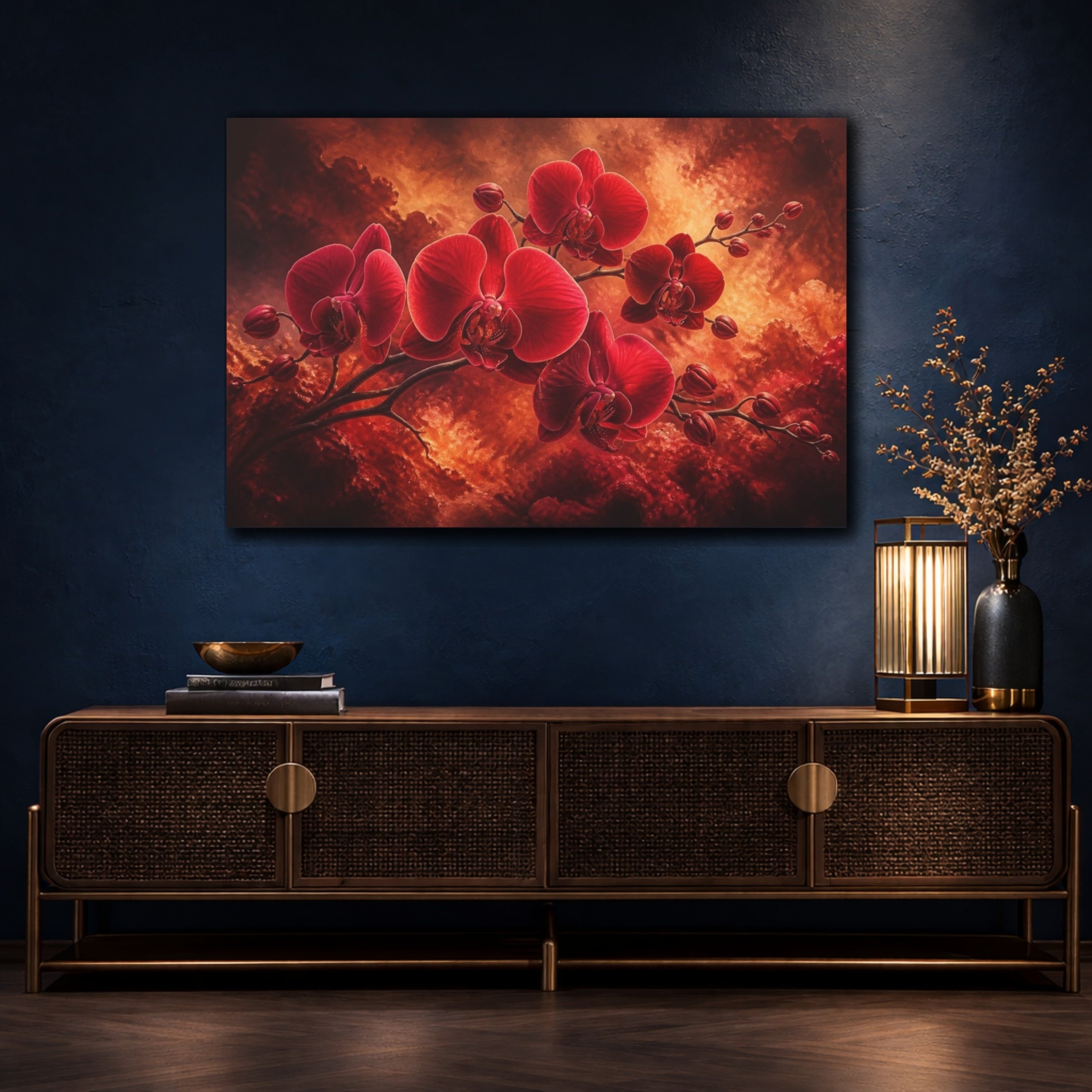 Mockup 4. Red Orchid Flower Drama shown as canvas print