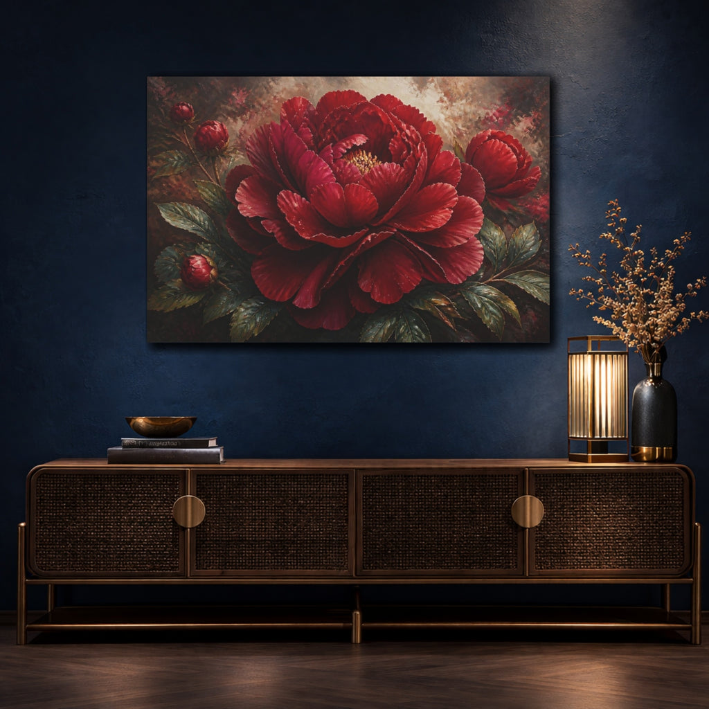 Mockup 4. Red Peony Flower shown as canvas print
