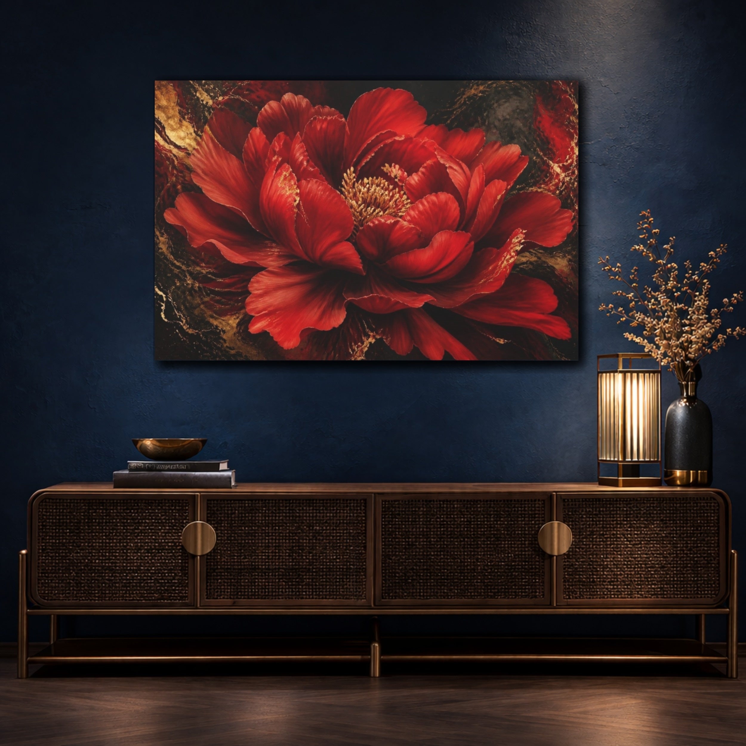 Mockup 4. Red Peony Flower shown as canvas print