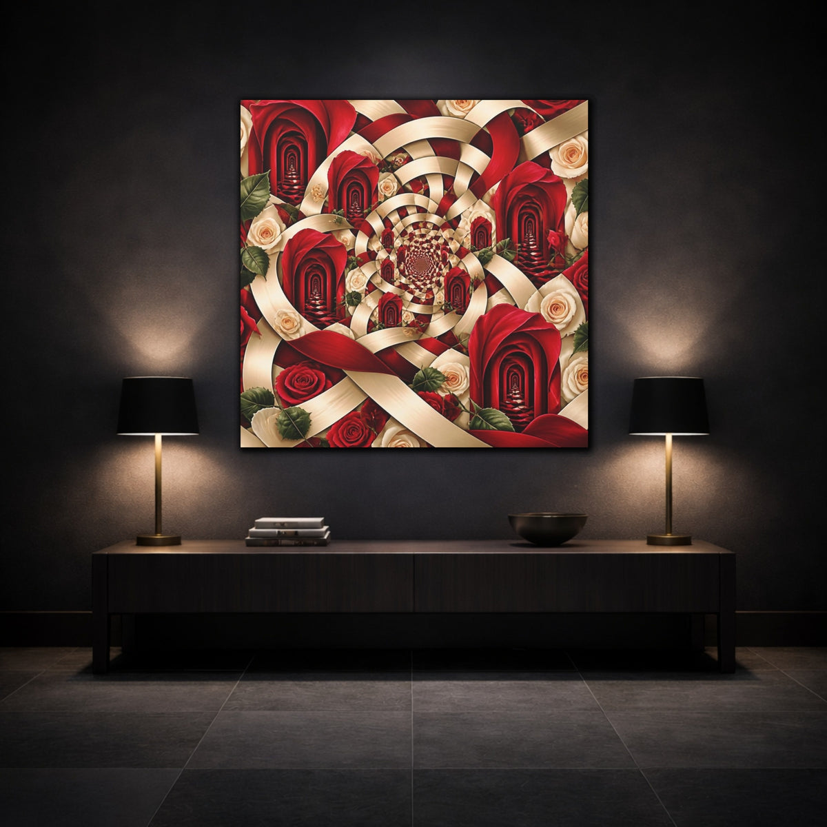 Mockup 3. Red Rose Illusion shown as canvas print