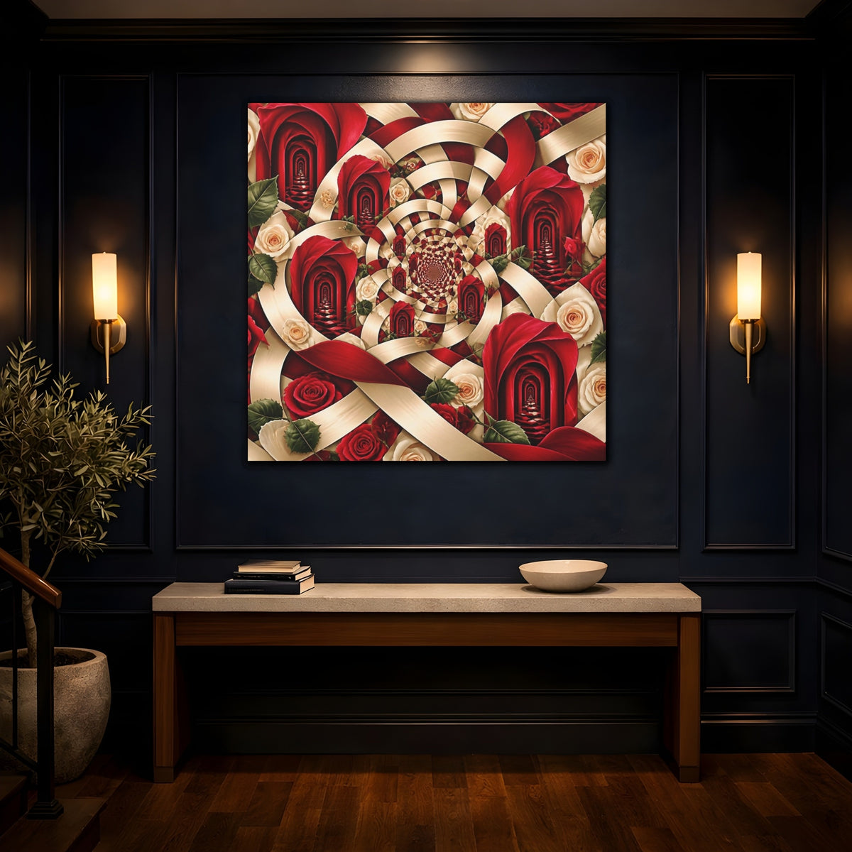 Mockup 4. Red Rose Illusion shown as canvas print