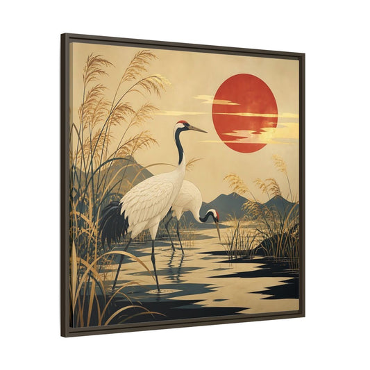 Main Mockup. Red Sun Crane Pair shown as framed canvas print