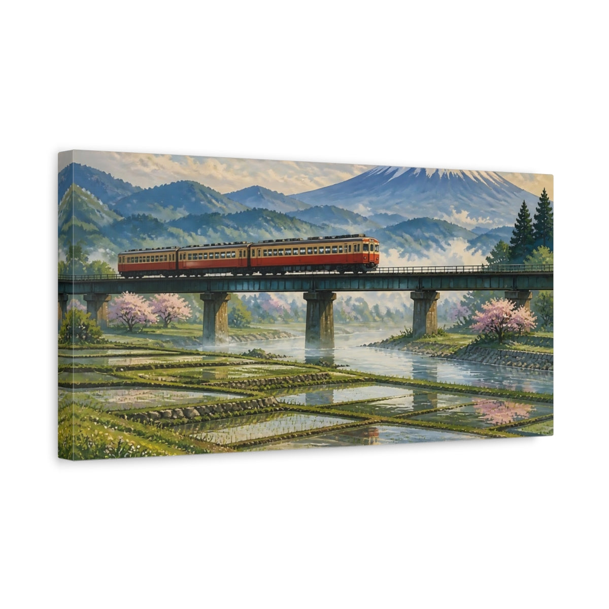 Side Mockup 3. Red Train On Bridge shown as canvas print